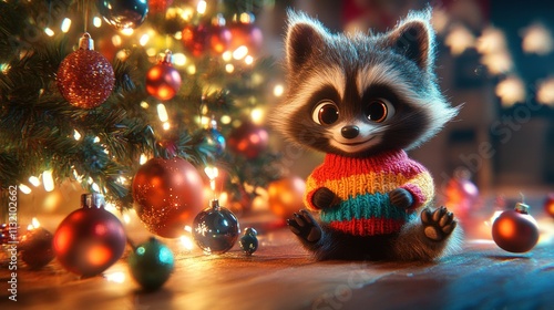 A cute raccoon in a colorful sweater sits by a decorated Christmas tree with ornaments. photo