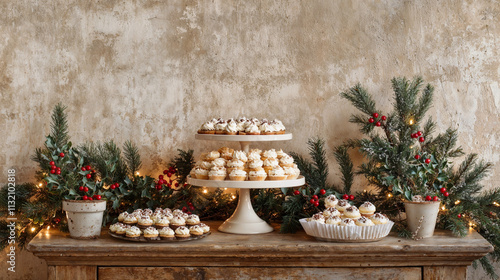 Rustic Christmas dessert table with cupcakes, desserts and classic festive treats background header or website banner photo