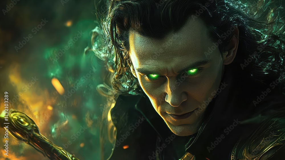 Fototapeta premium A close-up of Loki with glowing green eyes, holding his scepter, as mystical energy crackles around him