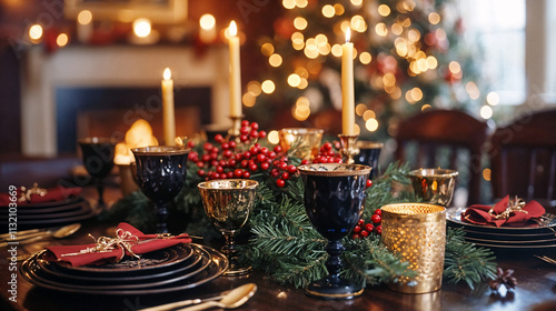 Wallpaper Mural Elegant Christmas dining table with candles, red berries, and garland, Xmas holiday festive background header or website banner Torontodigital.ca