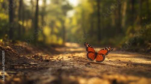 The butterfly, vibrant against the brown earth, glides lightly over the forest road. photo