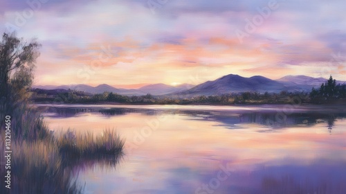 Wallpaper Mural The evening sky casts a warm glow over the lake, reflecting soft pinks and purples on the calm water Torontodigital.ca