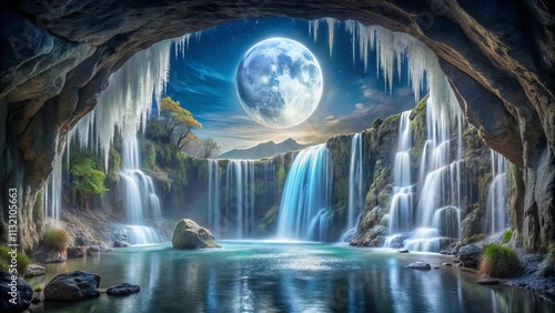 A moonlit landscape with a cascading waterfall flowing through a hidden cave, framed by icicles, creating a breathtaking natural wonder.