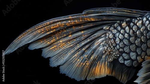 The intricate details of a beautiful fishas scales and fins shine against the stark black backdrop photo