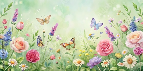 A symphony of delicate blooms and vibrant butterflies gracefully dance within a verdant landscape, creating a captivating tapestry of nature's beauty.