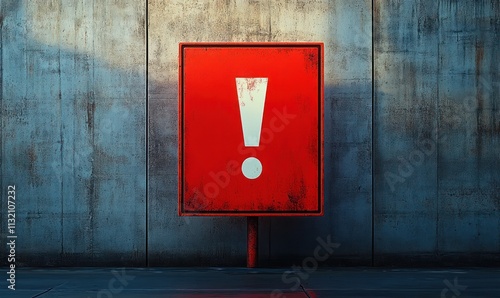 Caution Exclamation Mark Red Sign Against Gray Wall photo