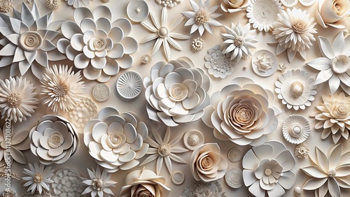 A delicate arrangement of handcrafted paper flowers, each meticulously layered and crafted with intricate details, creates a symphony of soft textures and elegant silhouettes. photo