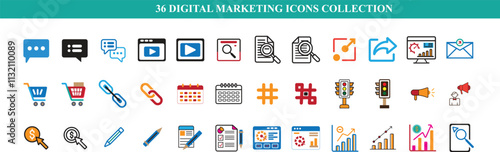 Comprehensive Digital Marketing Icon Set Including SEO, Social Media, Analytics, Email Marketing, Content Creation, Advertising, Branding, and E-Commerce Symbols in Modern Styles.