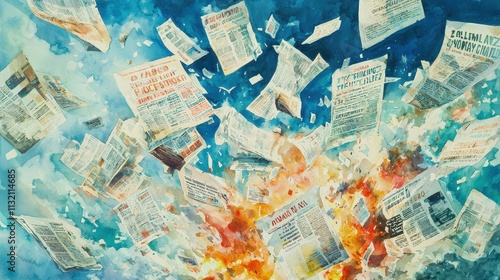 A dynamic explosion of newspaper pages set against a colorful background, symbolizing chaos and the dissemination of information. photo