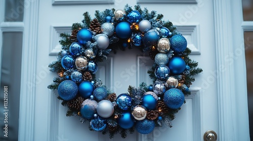 A striking Hanukkah wreath crafted with shimmering blue and silver accents, elegantly placed on a crisp white door for a festive touch. photo