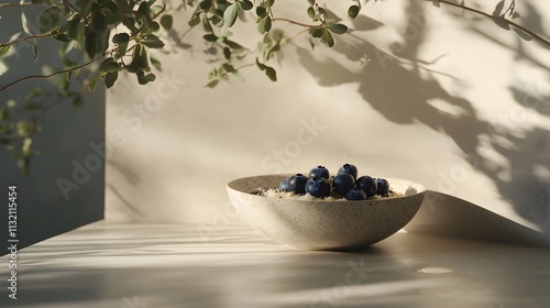 Sun-Drenched Bowl of Blueberries: A rustic bowl filled with fresh blueberries sits bathed in warm sunlight, creating a serene and inviting still life. The shadows add depth and texture to the scene.