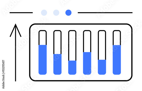Increasing blue bar graphs within a chart, upward arrow symbolizing growth, three small blue dots on one side. Ideal for business growth, data analysis, performance tracking, financial forecasting
