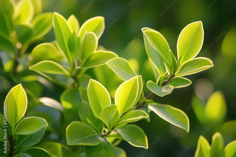 Obraz premium Close-up of vibrant green leaves with sunlight highlights.