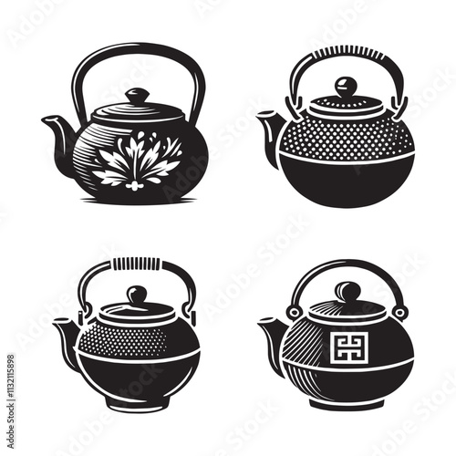 Japanese Cast Iron Teapot Silhouette Vector Set – Traditional Tea Kettle Illustrations