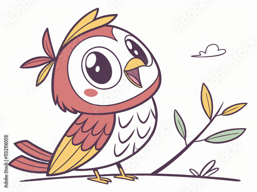 owl with a branch. bird, cartoon, owl, animal, vector, illustration, cute, parrot, tree, nature, beak, feather, wing, art, design, drawing, branch, fun, icon, symbol, flying, wings, character, brown,  photo