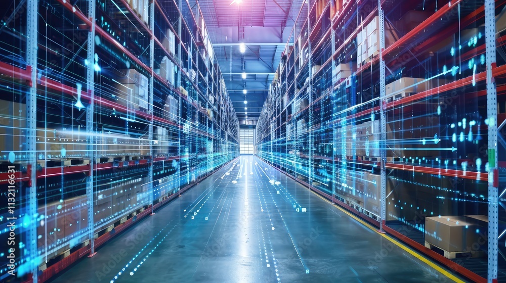 Obraz premium Futuristic Smart Warehouse with Digital Data Streams