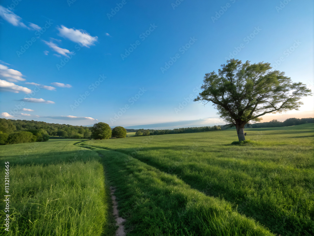 Fototapeta premium field and sky. landscape, sky, field, grass, green, nature, meadow, tree, summer, blue, rural, clouds, spring, cloud, hill, forest, countryside, horizon, country, trees, farm, road, beautiful, pasture
