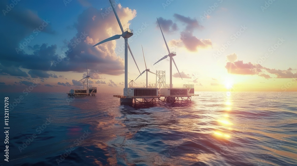 Obraz premium Offshore Wind Turbines at Sunset Over Calm Sea