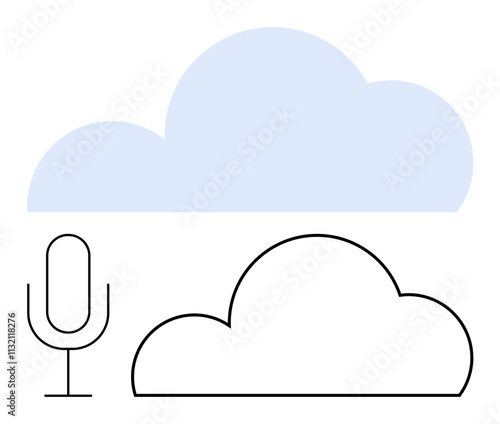 Microphone outline next to blue and black cloud outlines depicting connectivity and cloud storage. Ideal for technology, communication, cloud computing, voice recognition, data storage, digital