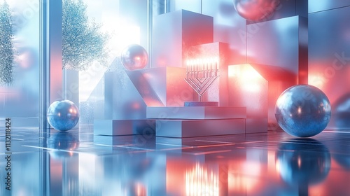 A Futuristic Hanukkah Card designed with contemporary silver and blue shapes, highlighting a modern menorah and stylized dreidels over a shimmering metallic backdrop. photo