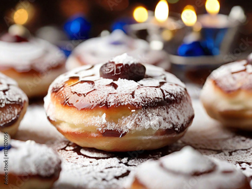 Photo a closeup of sufganiyot a traditional hanukkah treat dusted with powdered sugar photo