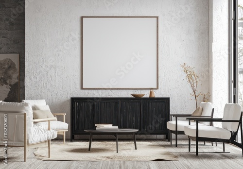 Room with a blank art piece on the wall, Scandinavian design with white furniture.