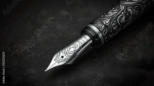 Close-up of an Ornate Silver Fountain Pen photo