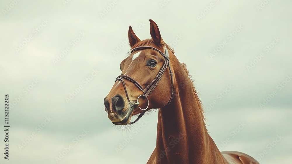 Obraz premium A close-up portrait of a beautiful brown horse with a bridle on, looking to the side against a cloudy sky background.