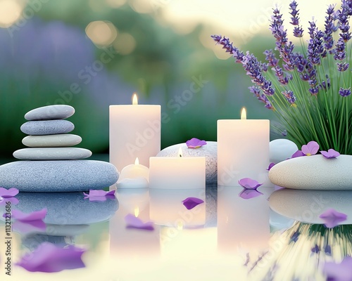 Calm scene with candles, stones, and lavender ,spa candles with lavender flowers and spa stones for spa ambiance, luxury spa scene with soft spa lighting and spa petals