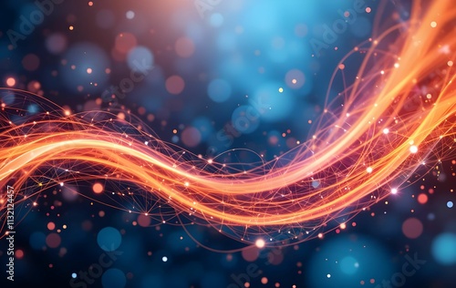 A vibrant, abstract image featuring a swirling, glowing orange line against a dark blue background with sparkling particles.