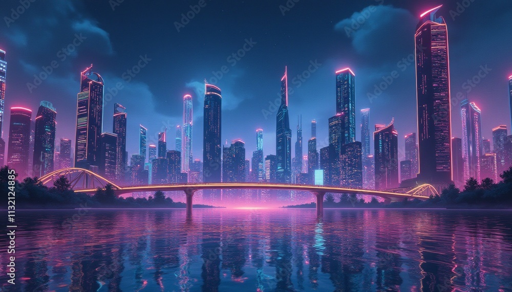 Obraz premium A stunning futuristic city skyline glows under a starry night, with vibrant neon lights reflecting on the tranquil water below. The scene captures the essence of modernity and innovation, showcasing