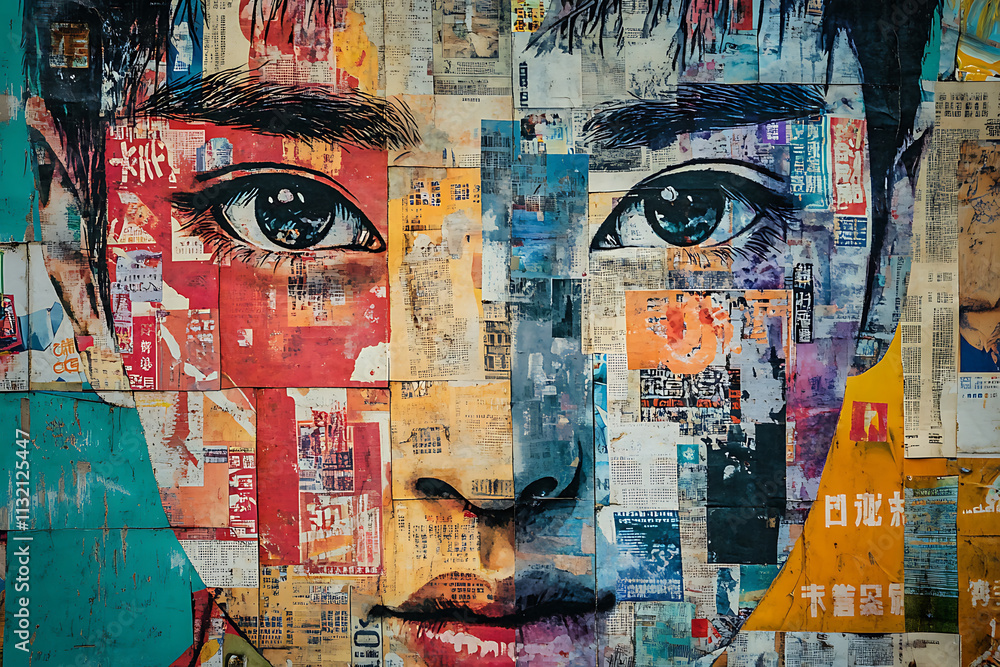 Fototapeta premium A Stunning Collage Portrait: Layers of Identity and Urban Expression in a Vibrant Street Art Masterpiece