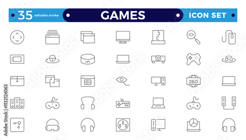 Games outline icon set. Gaming icon elements containing points and life bars, console, player, chess, multiplayer, casino and mobile game icons.video games, gaming. Editable stroke outline icon.