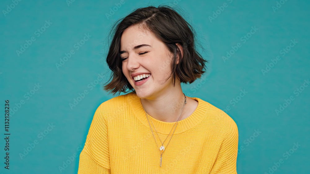 Fototapeta premium Young Woman Laughing with Eyes Closed, Wearing Vibrant Yellow Sweater, Solid Turquoise Background, Joyful Expression, Bright and Cheerful Mood, Colorful Contrast in Portrait