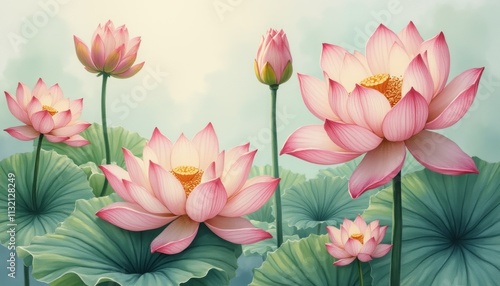 A stunning arrangement of pink lotus flowers gracefully blooms amidst lush green leaves, creating a peaceful aquatic scene. The delicate petals and soft colors evoke a sense of calm and beauty