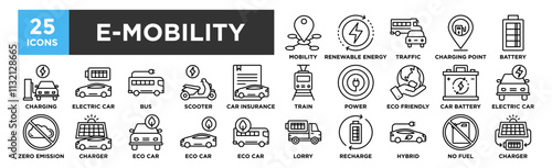 E-Mobility icon collection set. Containing design, Mobility, Renewable Energy, Traffic, Charging Point, Battery