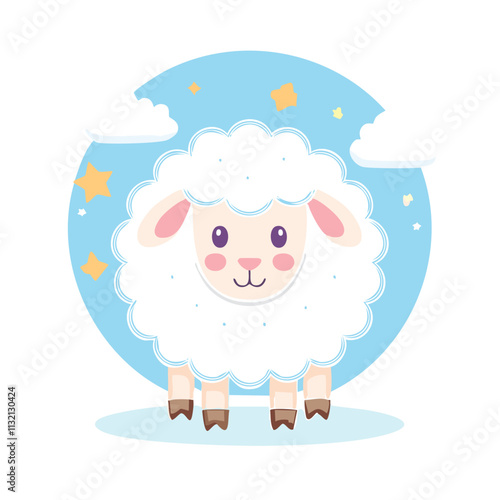 A cute, cartoon-style sheep with a fluffy body against a blue background with stars and clouds.