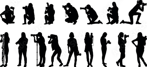 Female photographer silhouettes vector illustration set