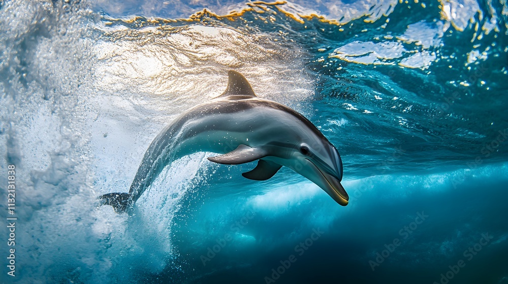 Fototapeta premium Playful Dolphin Breaching the Turquoise Ocean Waves