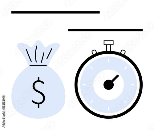 Money bag with dollar sign and stopwatch symbolize time management deadlines financial planning, investment, savings, efficiency, productivity. Ideal for business, finance, banking, investment