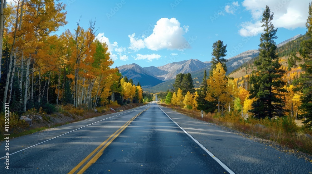 Fototapeta premium Serene Autumn Drive Through Golden Aspens and Majestic Mountains
