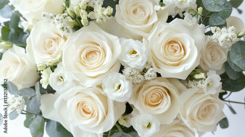 Fototapeta premium Stunning Close-Up of White Roses Bouquet and Wildflowers on White Background. Weddings, Celebrations, and Romantic Events Floral Background