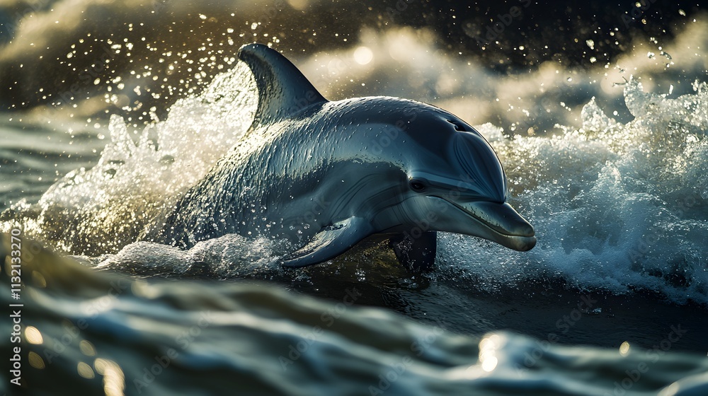 Fototapeta premium Powerful Dolphin Jumping Out of Crashing Ocean Waves