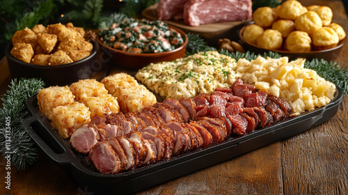 Delicious holiday feast with roasted meats, cheesy potatoes, greens, and golden bread rolls served on a rustic table with festive decorations photo