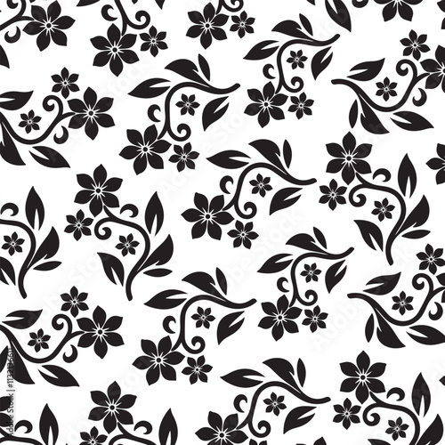 Seamless floral pattern design. Black and white flower wallpaper. Elegant floral seamless background.