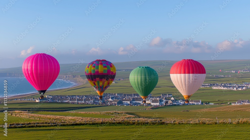 Naklejka premium Colorful Hot Air Balloons Festival Over Coastal Landscape