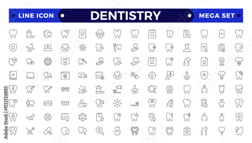 Dentistry icon collection. Related to tooth, dentist, toothpaste, toothbrush, teeth, implant and dentistry icons. Dental outline icon set. Medicine, pharmacy, nurse, prescription and medical report.