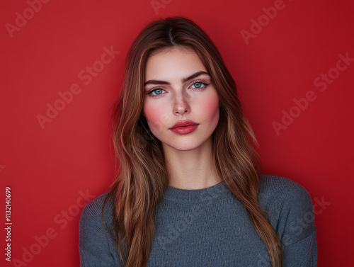 Young woman with long hair poses against vibrant red background in casual gray sweater