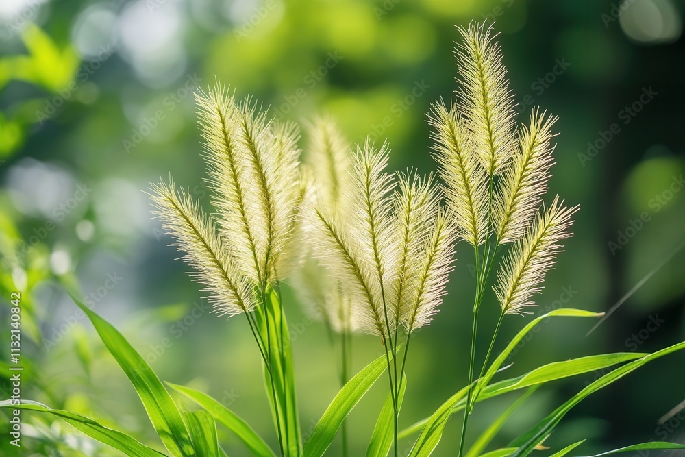 Lush green grass with feathery flower spikes in sunlight.