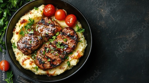 Wallpaper Mural A delicious plate of grilled meat served over creamy mashed potatoes and garnished with tomatoes. Torontodigital.ca